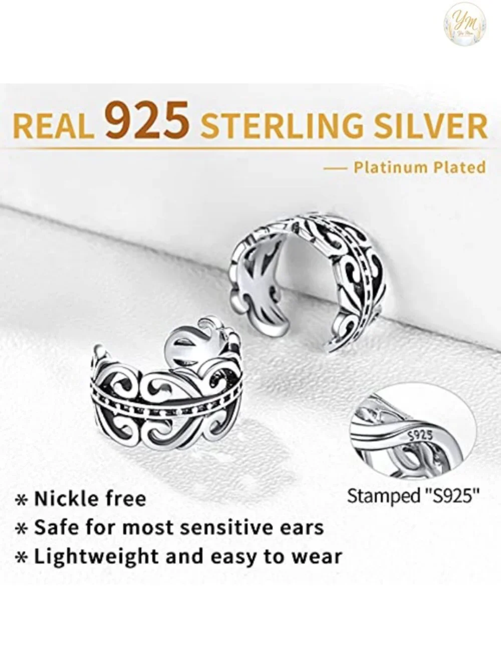 925 Sterling Silver Ear Cuffs Non-Piercing Cartilage Earrings Conch Cuff